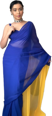 Sidhidata Dyed, Solid/Plain Bollywood Georgette Saree(Blue, Yellow)
