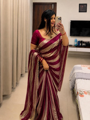 Jay Bajrang Fashion Striped, Woven, Self Design Bollywood Tissue Saree(Gold, Pink)