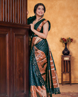 VIHA CREATION Printed Mekhela Chador Silk Blend Saree(Dark Green)