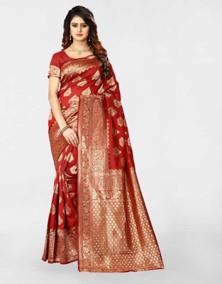 Anmi Woven Banarasi Jacquard, Silk Blend Saree(Red, Gold)