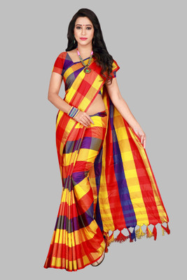 Shaibo saree Checkered Daily Wear Cotton Silk Saree(Red, Yellow)