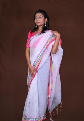 SMRITI HANDLOOM Embellished Bollywood Handloom Cotton Blend Saree(White)