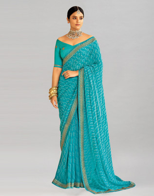Samah Printed, Embroidered, Embellished Bollywood Georgette, Chiffon Saree(Light Blue, White)