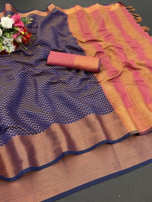 Pionex Woven Kanjivaram Jacquard, Cotton Silk Saree(Dark Blue)