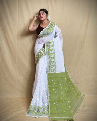 SPFashion Woven, Self Design Jamdani Cotton Silk Saree(White, Green)