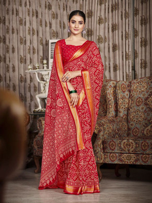 all about you Printed Daily Wear Cotton Blend Saree(Red)