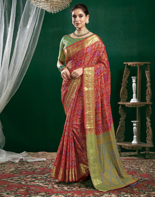 all about you Self Design, Woven Patola Silk Blend Saree(Red, Green, Multicolor)