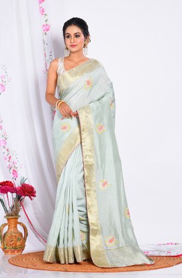 MorChari Floral Print Handloom Cotton Linen Saree(Light Green)