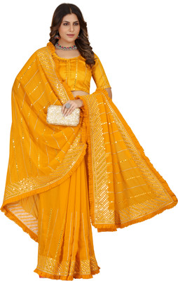 JR TRENDS Embellished Bollywood Georgette Saree(Yellow)