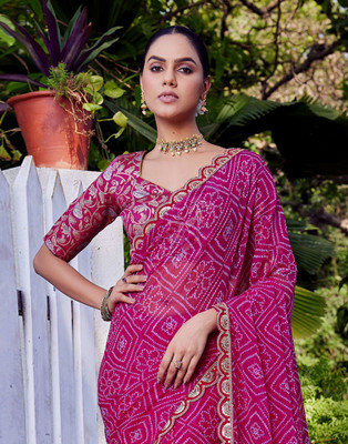 Satrani Printed, Embroidered, Embellished Bandhani Georgette, Chiffon Saree(Pink)