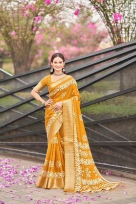 J6 Designers Printed Hand Batik Cotton Silk Saree(Yellow)