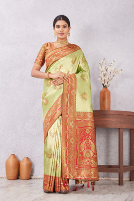 PRAUDO Woven, Self Design Dharmavaram Satin Saree(Light Green, Red)