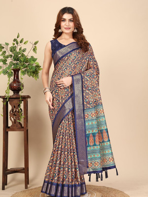 J6 Designers Geometric Print Chanderi Art Silk Saree(Blue)