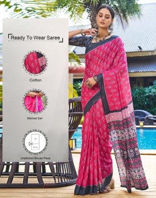 SIRIL Geometric Print, Printed Ikkat Cotton Blend Saree(Pink, Grey, White)