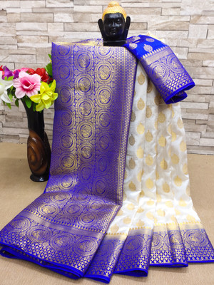 Zinsy Creation Woven Banarasi Art Silk Saree(White, Blue)