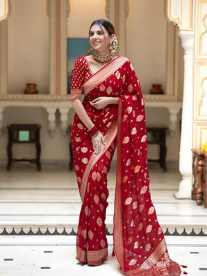 SYNVOZET Woven, Self Design Kanjivaram Pure Silk, Silk Blend Saree(Red)