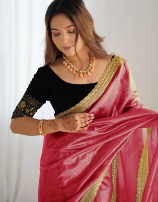Samah Embellished, Embroidered Bollywood Jimmy choo, Net Saree(Pink)