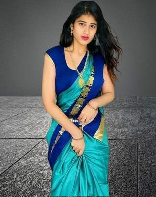 Mortal Textile Printed Assam Silk Cotton Silk Saree(Dark Blue)