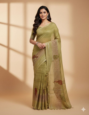 UNBRENDED Floral Print Banarasi Silk Blend Saree(Light Green)