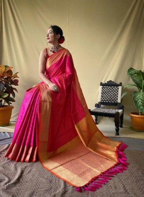 GajGajra Woven Bandhani Pure Silk Saree(Pink)