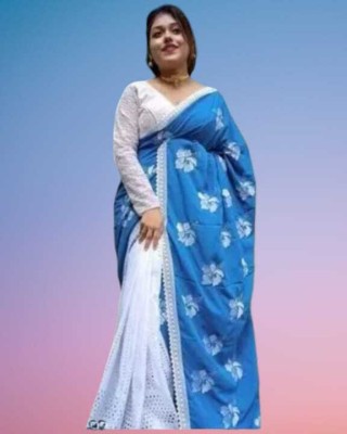 Woven fashion Embroidered Bollywood Cotton Blend Saree(Light Blue)