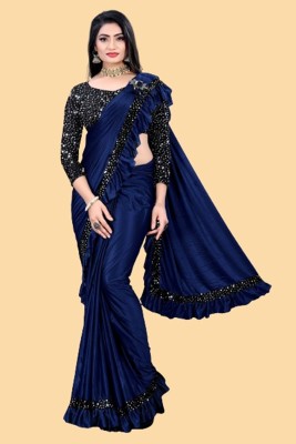 KV Fashion Embellished Bollywood Lycra Blend Saree(Dark Blue)