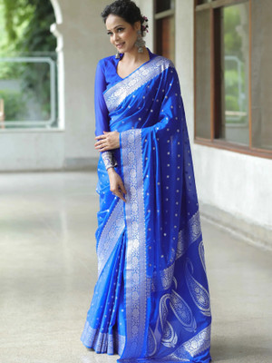 The Style Sanctuary Woven, Paisley, Floral Print Banarasi Silk Blend Saree(Light Blue)