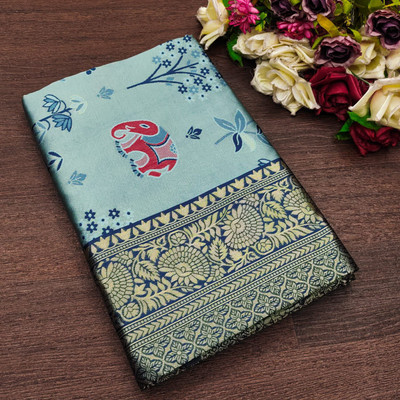 Kanjivaram Woven, Embroidered, Self Design Kanjivaram Pure Silk, Jacquard Saree(Blue)