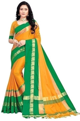 Shruti Bandhani Self Design Banarasi Cotton Silk Saree(Yellow, Green)