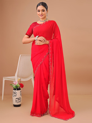VIBHAGYAA Embellished Bollywood Chiffon Saree(Red)