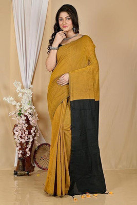 zayraa Solid/Plain Handloom Cotton Blend Saree(Mustard, Black)