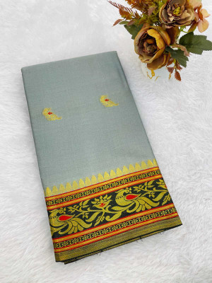 Madhave Printed Assam Silk Pure Cotton Saree(Grey)
