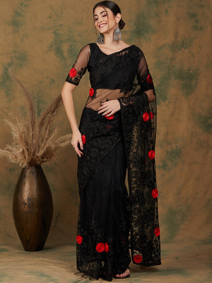 manvaa Embroidered Bollywood Net Saree(Black)