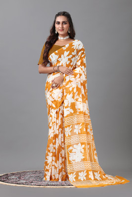 Virendra Textiles Digital Print Handloom Cotton Silk Saree(Mustard)