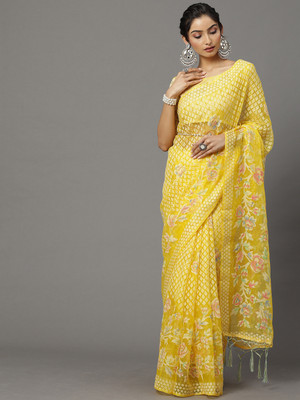 Divastri Floral Print Chanderi Brasso Saree(Yellow)
