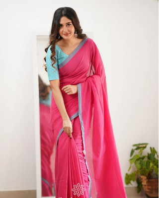 SMRITI HANDLOOM Solid/Plain Handloom Handloom Pure Cotton Saree(Pink)