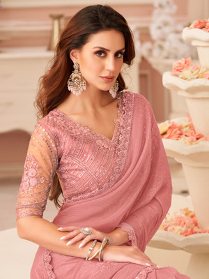 Divastri Solid/Plain Bollywood Georgette Saree(Orange, Pink)