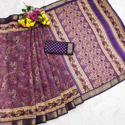 TALADARA Paisley, Floral Print, Printed, Woven Bollywood Cotton Silk Saree(Purple)