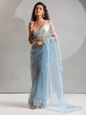 Sareemall Solid/Plain Bollywood Organza Saree(Light Blue)