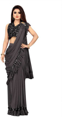 fem hub Solid/Plain Daily Wear Lycra Blend Saree(Grey)