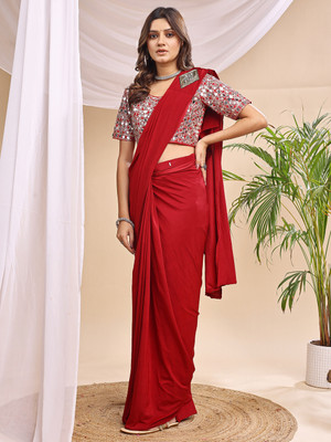 VRAJTEX FAB Solid/Plain Bollywood Lycra Saree(Red)