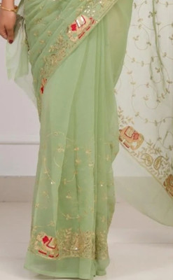 ABC Animal Print, Embroidered Bollywood Georgette Saree(Light Green)