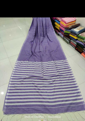 RONI TEXTILES Striped, Solid/Plain Handloom Cotton Blend Saree(Green)