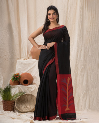 angoshobha Solid/Plain Handloom Cotton Blend Saree(Black)
