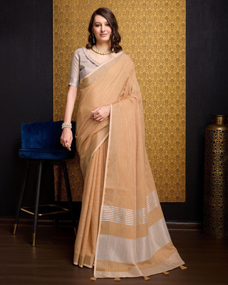 BFM Solid/Plain, Woven Bollywood Linen Saree(Beige)