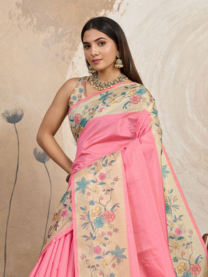 VIRDHI TEXTILE Printed, Woven Madhubani Silk Blend Saree(Pink)