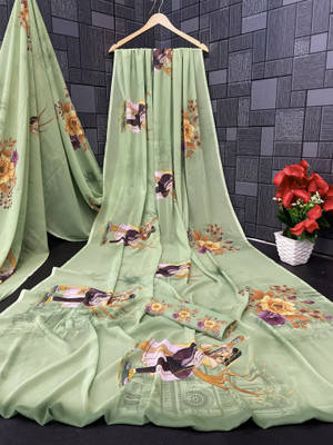 Pemal Designer Printed, Floral Print Daily Wear Georgette Saree(Light Green)