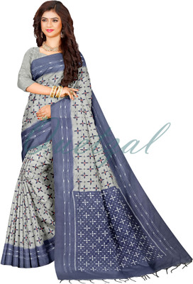 Quetzal Printed Sambalpuri Pure Cotton Saree(Grey)
