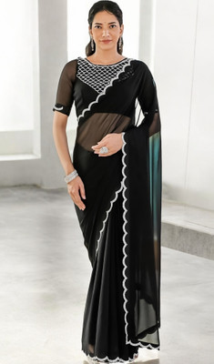 HIJA TRENDZ Solid/Plain Bollywood Georgette Saree(Black)