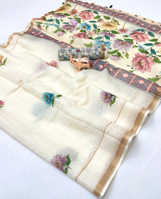 KGM BRAND Floral Print, Printed, Woven Bollywood Linen Saree(White)